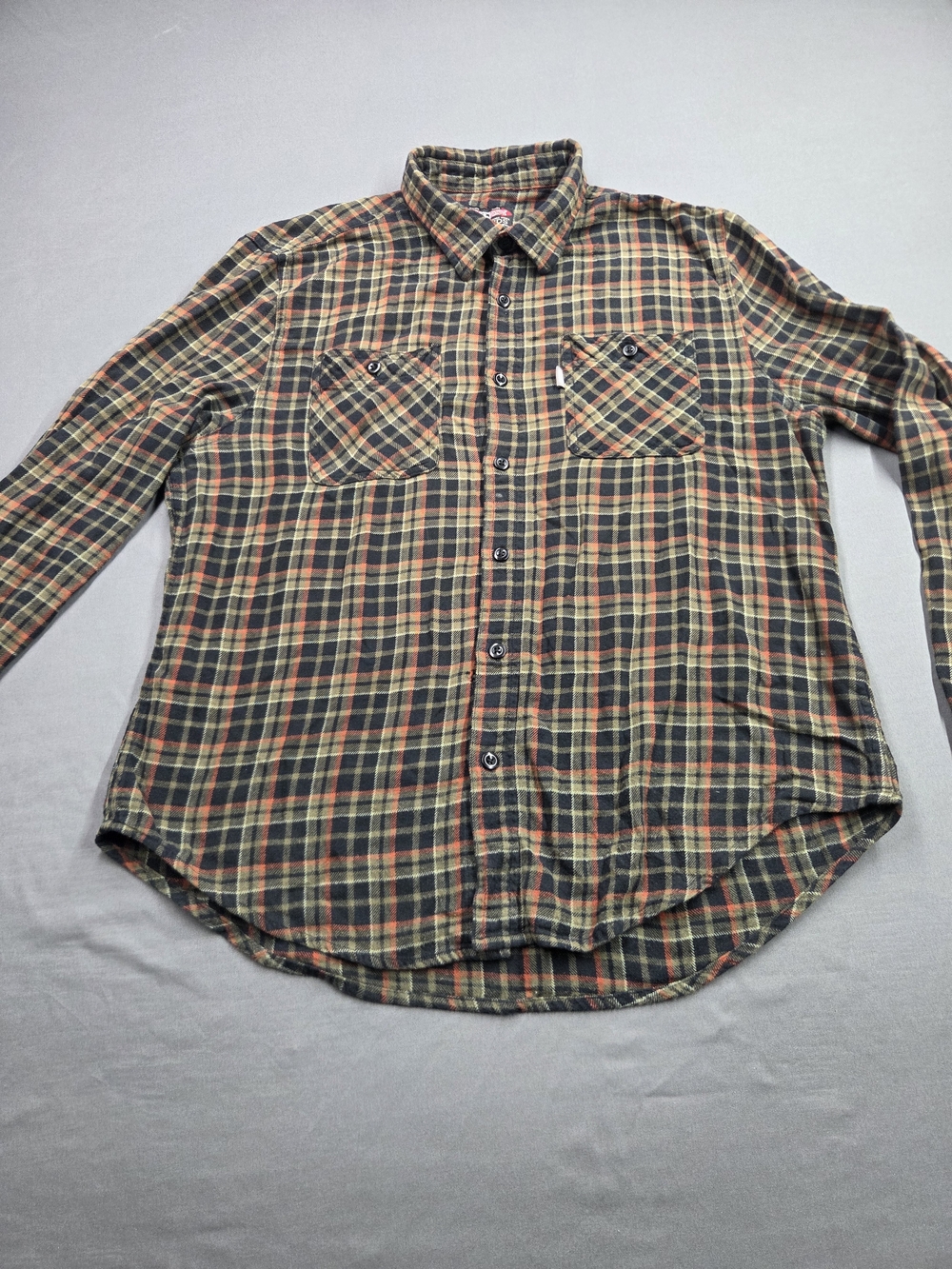 Redlands Olive Green Orange Plaid Flannel Shirt Men's Size Large L Flaw